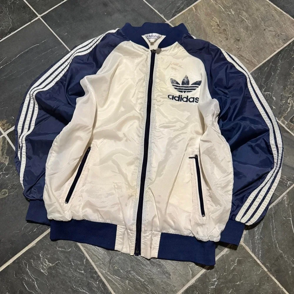 VINTAGE 80s Adidas Navy & White Track Jacket - Large